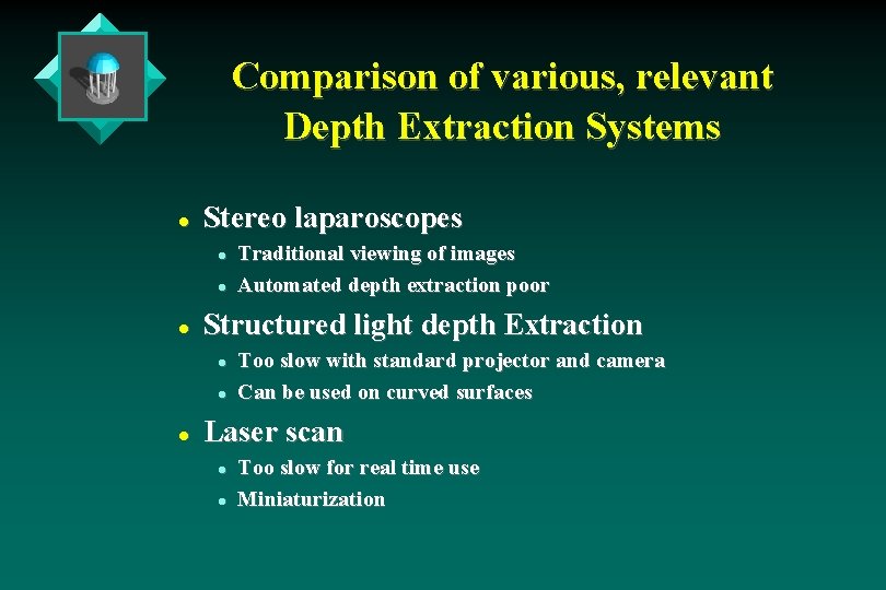 Comparison of various, relevant Depth Extraction Systems l Stereo laparoscopes l l l Structured Comparison of various, relevant Depth Extraction Systems l Stereo laparoscopes l l l Structured