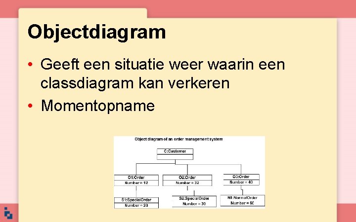 Objectdiagram • Geeft een situatie weer waarin een classdiagram kan verkeren • Momentopname 