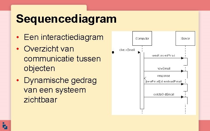 Sequencediagram • Een interactiediagram • Overzicht van communicatie tussen objecten • Dynamische gedrag van