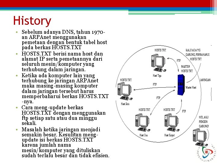 History • Sebelum adanya DNS, tahun 1970 an ARPAnet menggunakan pemetaan dengan bentuk tabel