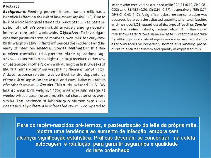 Para os recém-nascidos pré-termos, a pasteurização do leite da própria mãe, mostra uma tendência