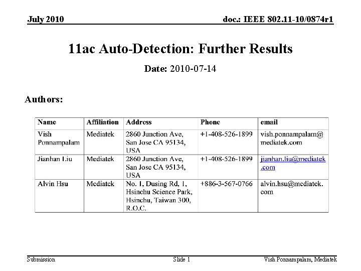 July 2010 doc. : IEEE 802. 11 -10/0874 r 1 11 ac Auto-Detection: Further