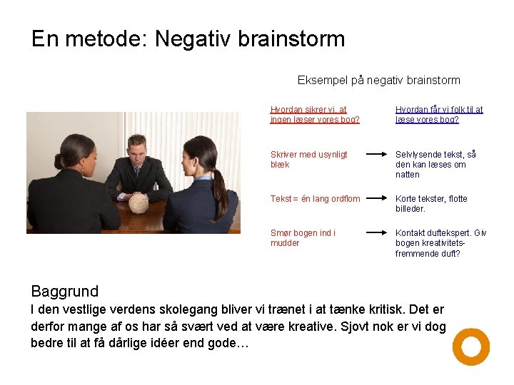 En metode: Negativ brainstorm Eksempel på negativ brainstorm Hvordan sikrer vi, at ingen læser