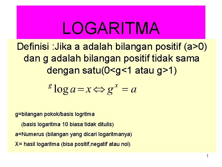 LOGARITMA Definisi : Jika a adalah bilangan positif (a>0) dan g adalah bilangan positif