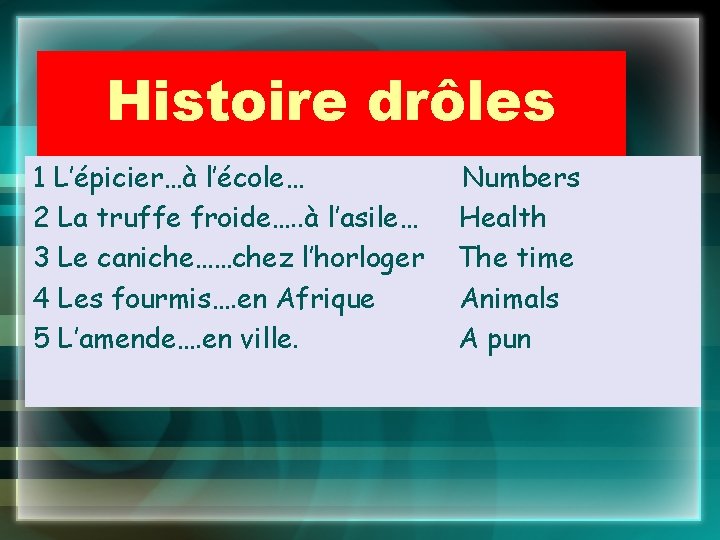 Histoire drôles 1 L’épicier…à l’école… 2 La truffe froide…. . à l’asile… 3 Le