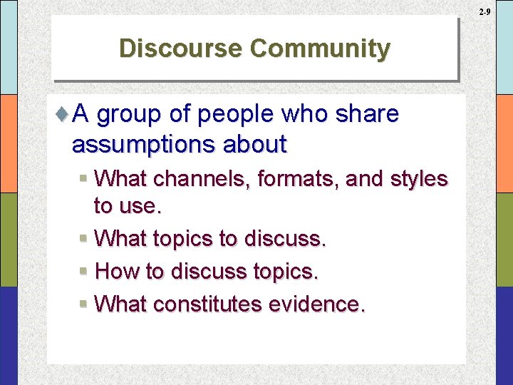 2 -9 Discourse Community ¨A group of people who share assumptions about § What