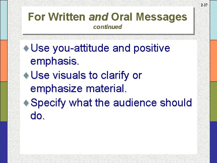 2 -17 For Written and Oral Messages continued ¨Use you-attitude and positive emphasis. ¨Use