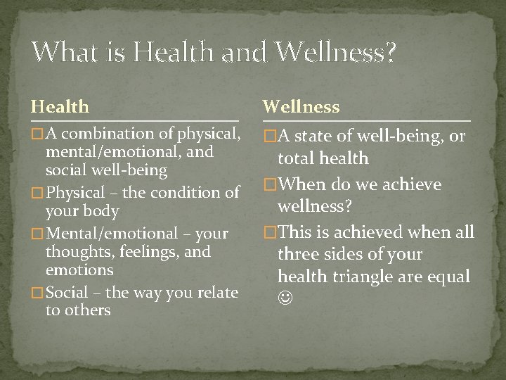 What is Health and Wellness? Health Wellness � A combination of physical, �A state