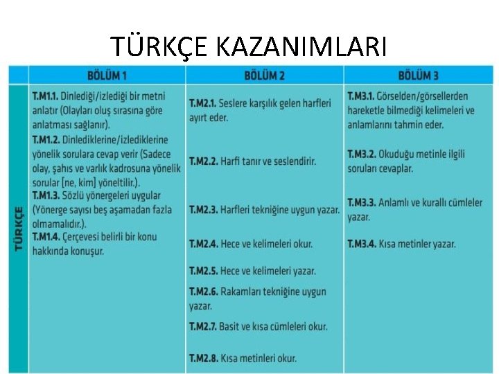 TÜRKÇE KAZANIMLARI 