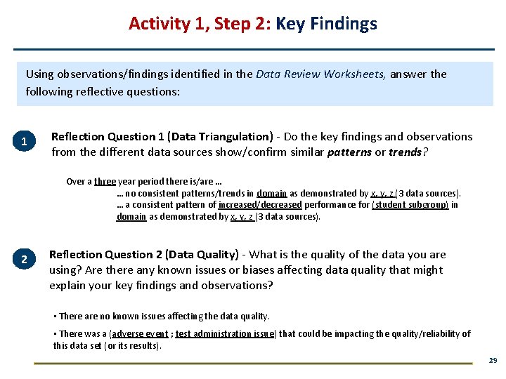 Activity 1, Step 2: Key Findings Using observations/findings identified in the Data Review Worksheets,