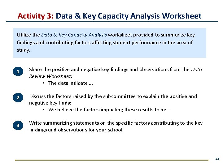 Activity 3: Data & Key Capacity Analysis Worksheet Utilize the Data & Key Capacity