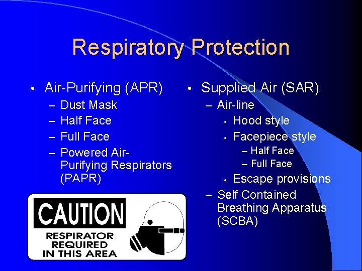 Respiratory Protection • Air-Purifying (APR) – – Dust Mask Half Face Full Face Powered