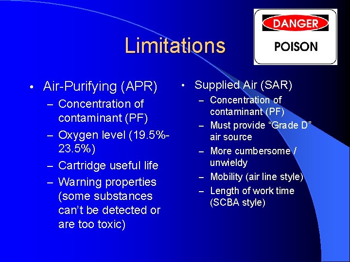 Limitations • Air-Purifying (APR) – Concentration of contaminant (PF) – Oxygen level (19. 5%23.