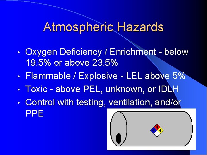 Atmospheric Hazards Oxygen Deficiency / Enrichment - below 19. 5% or above 23. 5%