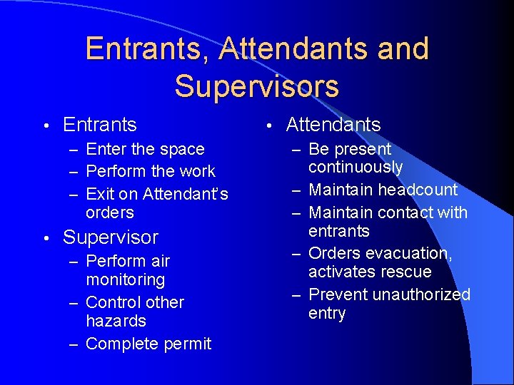 Entrants, Attendants and Supervisors • Entrants – Enter the space – Perform the work