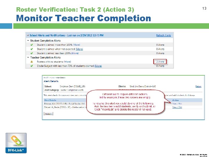 Roster Verification: Task 2 (Action 3) 13 Monitor Teacher Completion © 2012, Battelle for