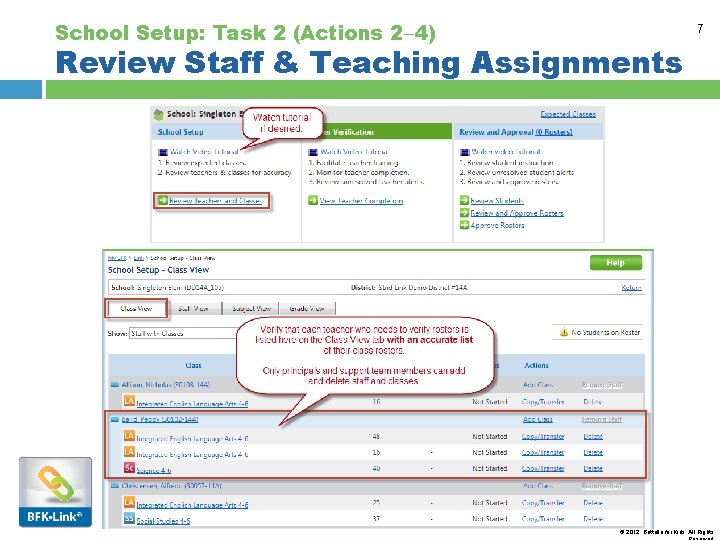 School Setup: Task 2 (Actions 2 4) 7 Review Staff & Teaching Assignments ©