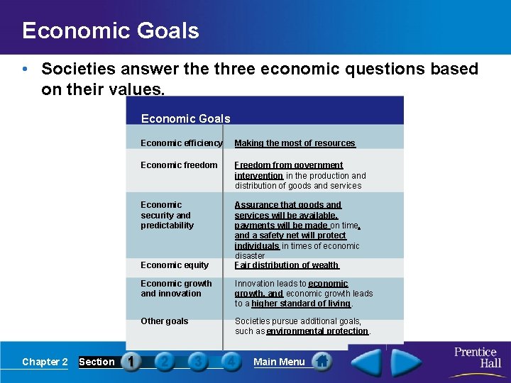 Economic Goals • Societies answer the three economic questions based on their values. Economic
