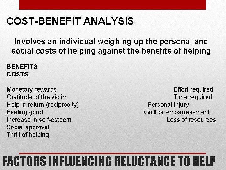 COST-BENEFIT ANALYSIS Involves an individual weighing up the personal and social costs of helping