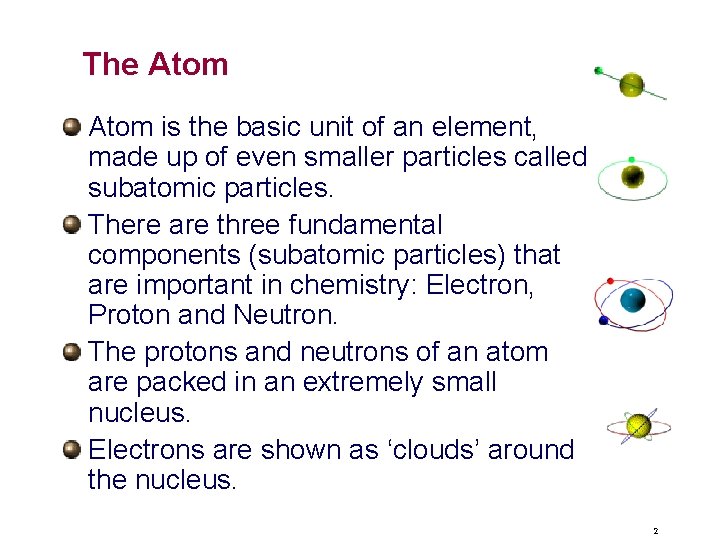 The Atom is the basic unit of an element, made up of even smaller