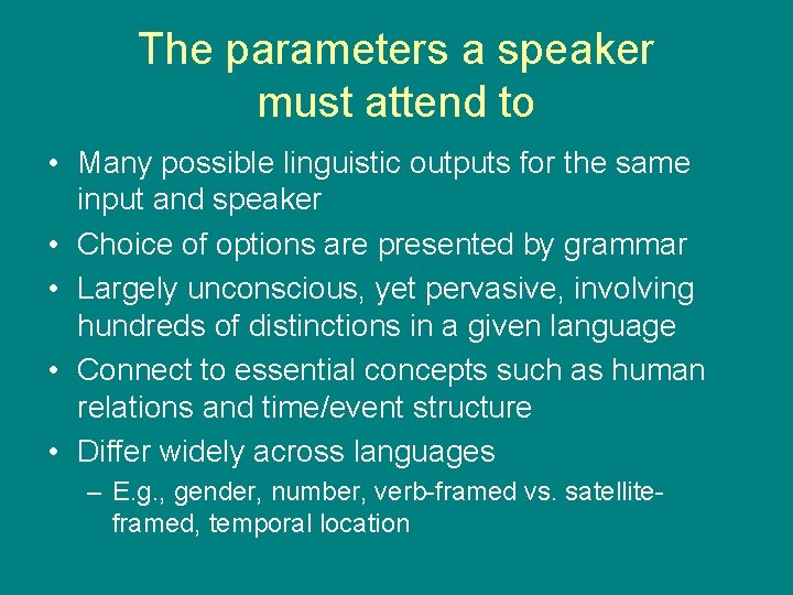 The parameters a speaker must attend to • Many possible linguistic outputs for the