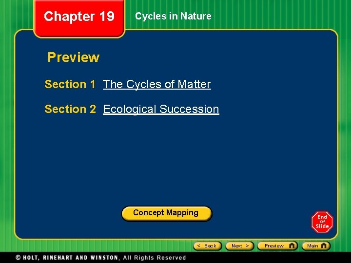 Chapter 19 Cycles in Nature Preview Section 1 The Cycles of Matter Section 2