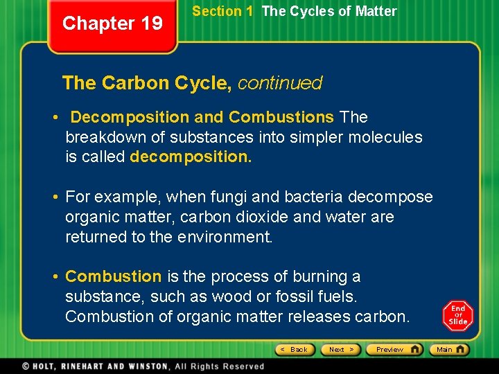 Chapter 19 Section 1 The Cycles of Matter The Carbon Cycle, continued • Decomposition