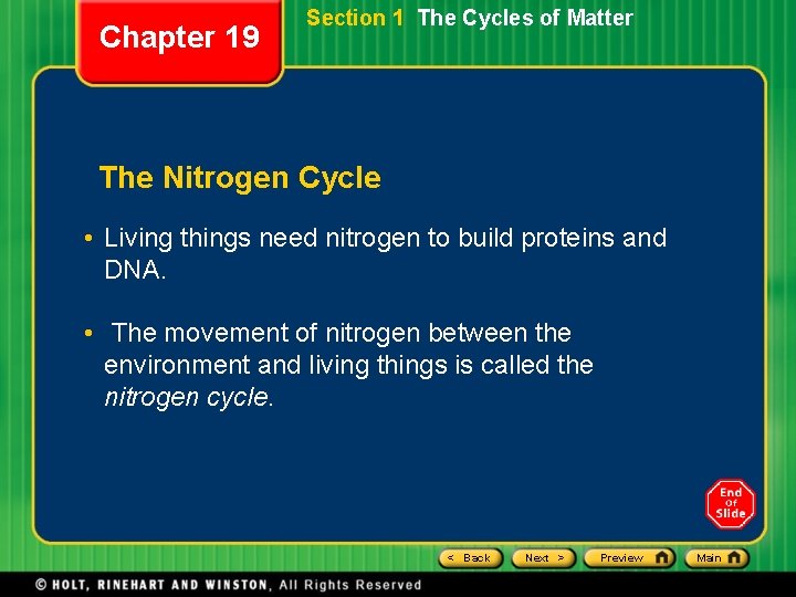 Chapter 19 Section 1 The Cycles of Matter The Nitrogen Cycle • Living things