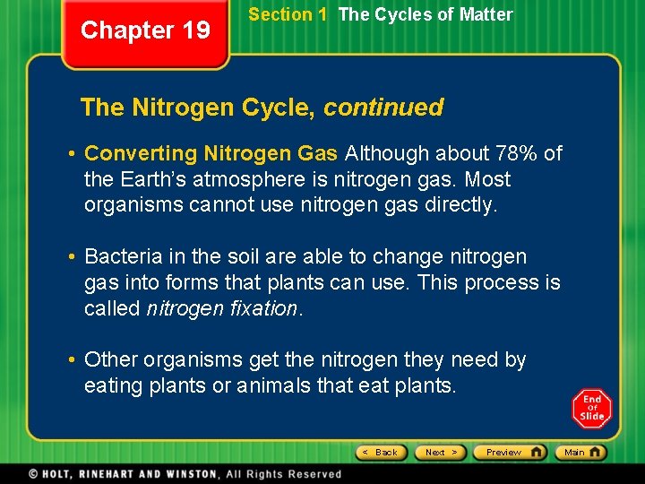 Chapter 19 Section 1 The Cycles of Matter The Nitrogen Cycle, continued • Converting