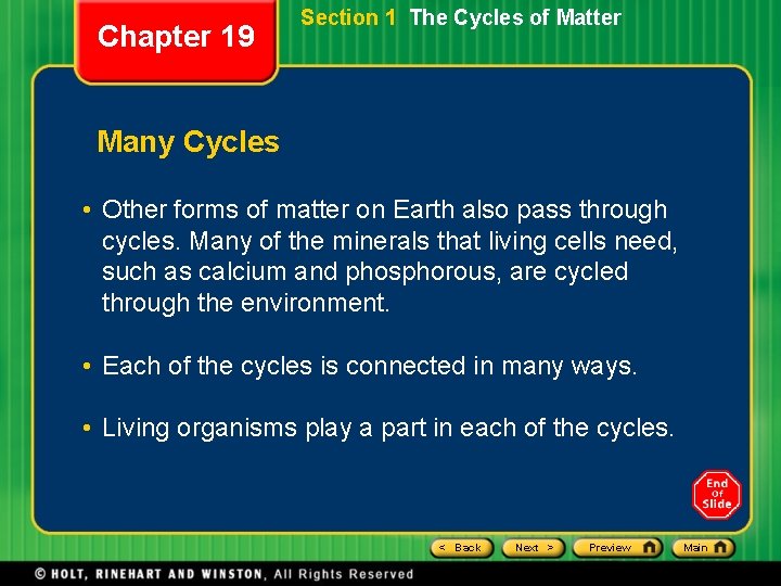 Chapter 19 Section 1 The Cycles of Matter Many Cycles • Other forms of