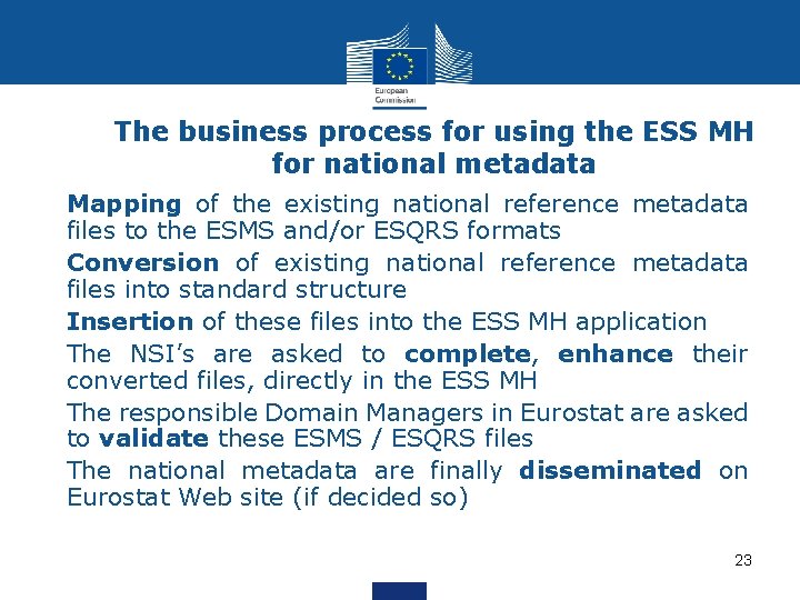 The business process for using the ESS MH for national metadata • Mapping of The business process for using the ESS MH for national metadata • Mapping of