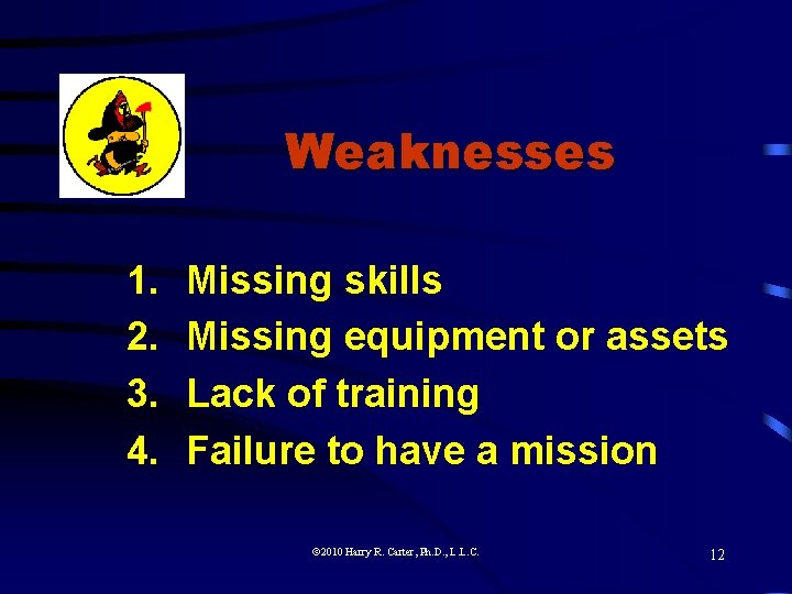 Weaknesses 1. 2. 3. 4. Missing skills Missing equipment or assets Lack of training
