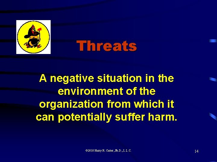 Threats A negative situation in the environment of the organization from which it can