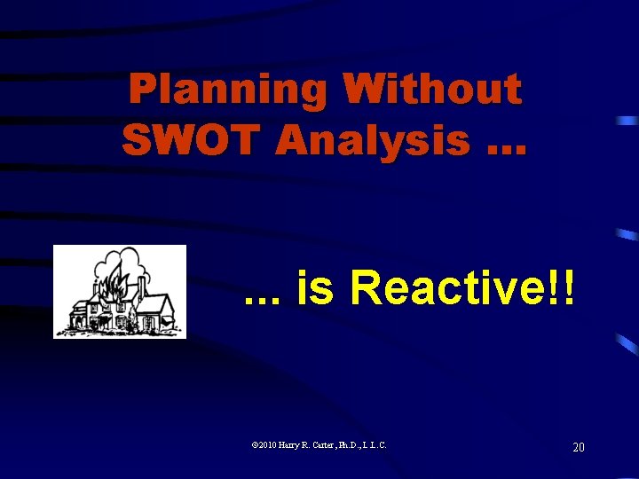 Planning Without SWOT Analysis. . . is Reactive!! 2010 Harry R. Carter, Ph. D.