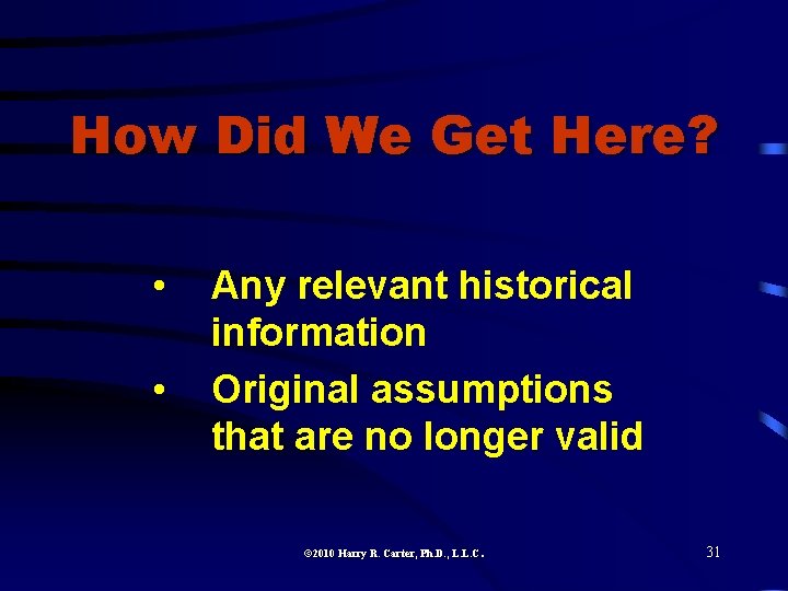 How Did We Get Here? • • Any relevant historical information Original assumptions that