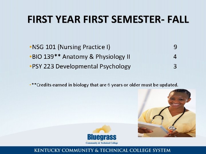 FIRST YEAR FIRST SEMESTER- FALL • NSG 101 (Nursing Practice I) • BIO 139**