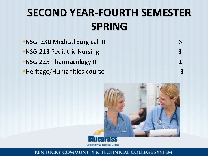 SECOND YEAR-FOURTH SEMESTER SPRING • NSG 230 Medical Surgical III • NSG 213 Pediatric