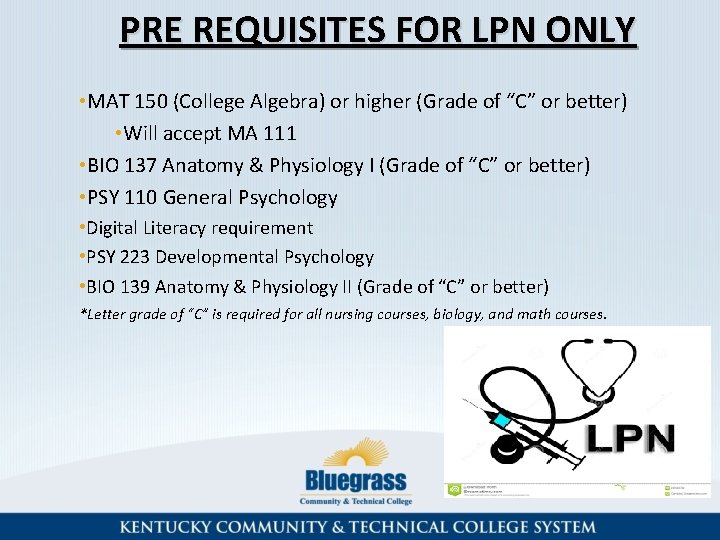 PRE REQUISITES FOR LPN ONLY • MAT 150 (College Algebra) or higher (Grade of