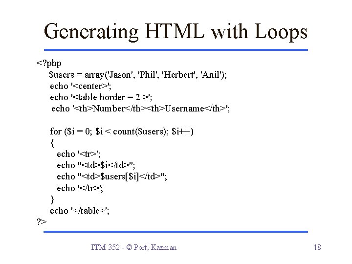Generating HTML with Loops <? php $users = array('Jason', 'Phil', 'Herbert', 'Anil'); echo '<center>';