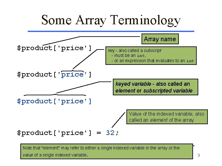 Some Array Terminology Array name $product['price'] key - also called a subscript - must