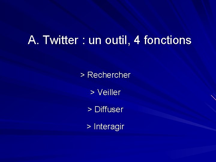 A. Twitter : un outil, 4 fonctions > Recher > Veiller > Diffuser >