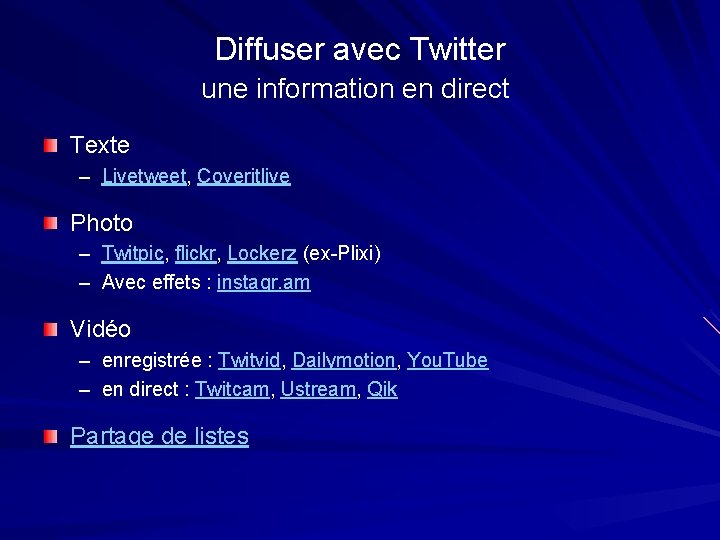 Diffuser avec Twitter une information en direct Texte – Livetweet, Coveritlive Photo – Twitpic,