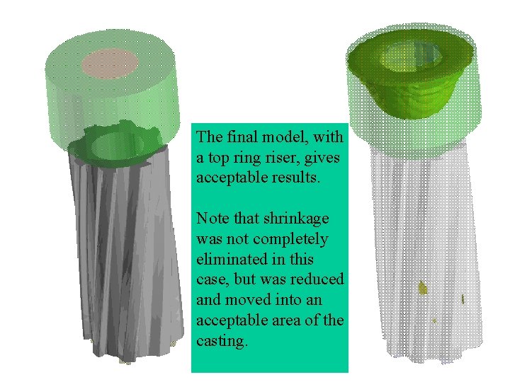 The final model, with a top ring riser, gives acceptable results. Note that shrinkage
