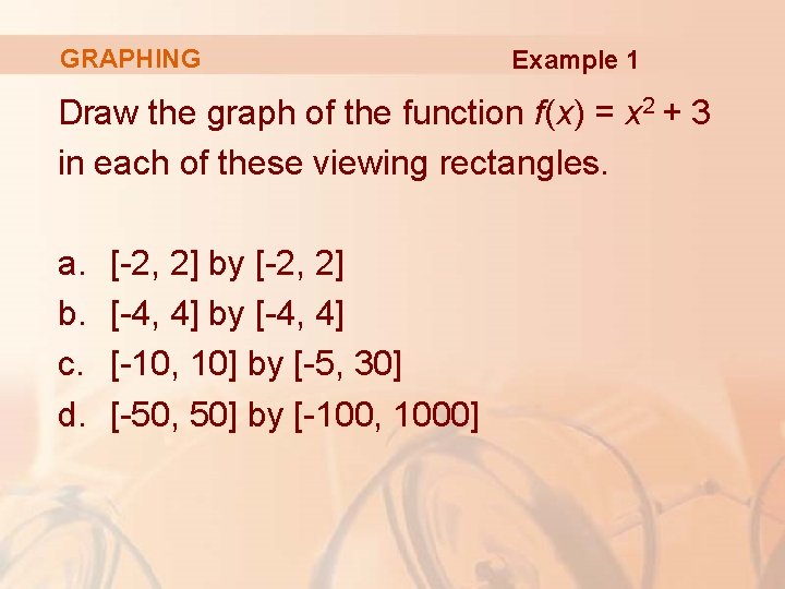 GRAPHING Example 1 Draw the graph of the function f(x) = x 2 +