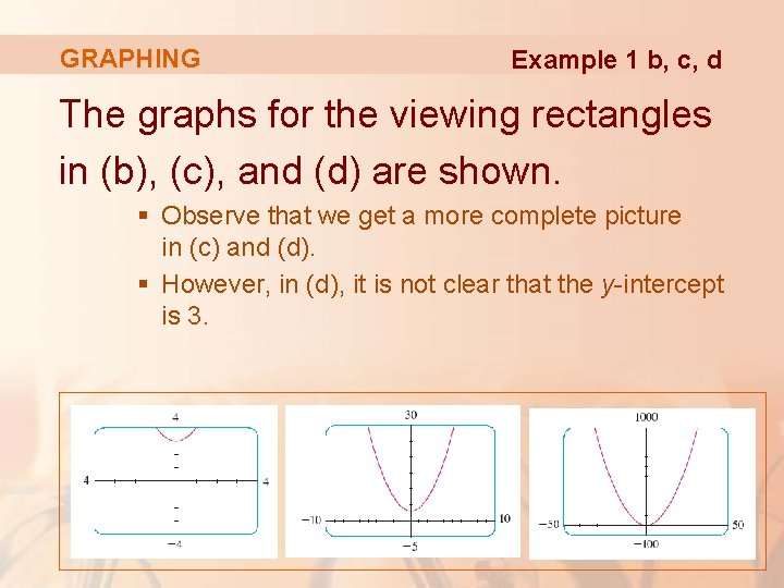 GRAPHING Example 1 b, c, d The graphs for the viewing rectangles in (b),