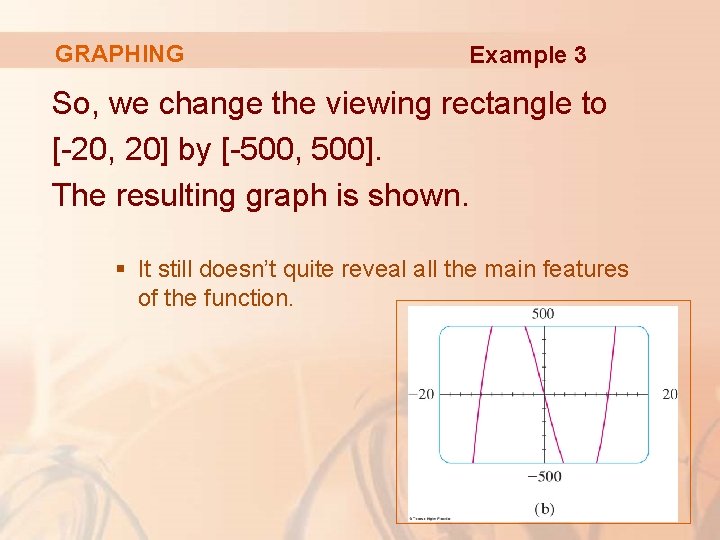 GRAPHING Example 3 So, we change the viewing rectangle to [-20, 20] by [-500,