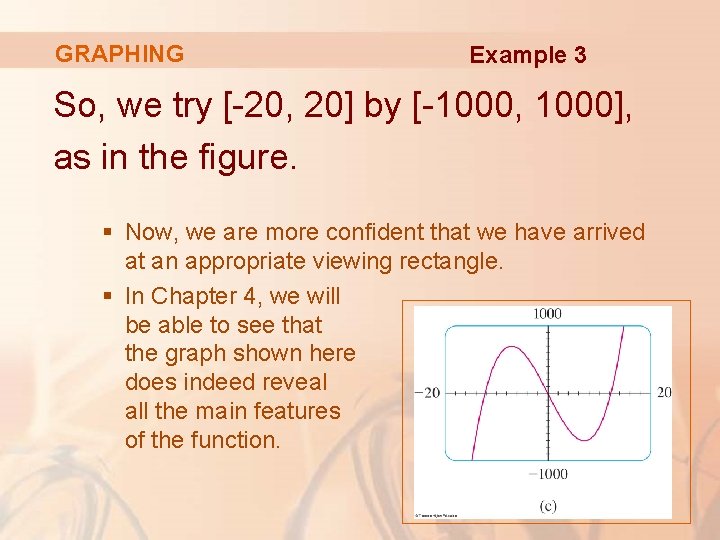 GRAPHING Example 3 So, we try [-20, 20] by [-1000, 1000], as in the