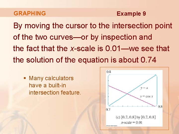 GRAPHING Example 9 By moving the cursor to the intersection point of the two