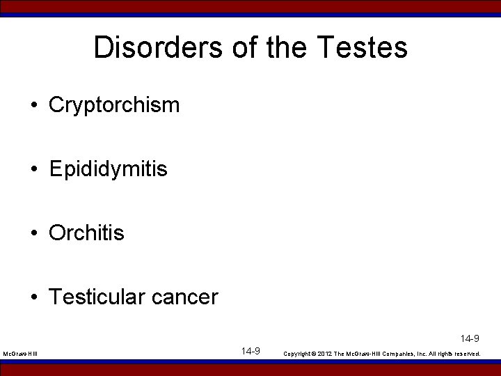 Disorders of the Testes • Cryptorchism • Epididymitis • Orchitis • Testicular cancer 14