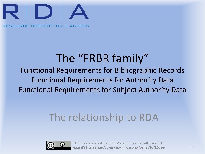 The “FRBR family” Functional Requirements for Bibliographic Records Functional Requirements for Authority Data Functional